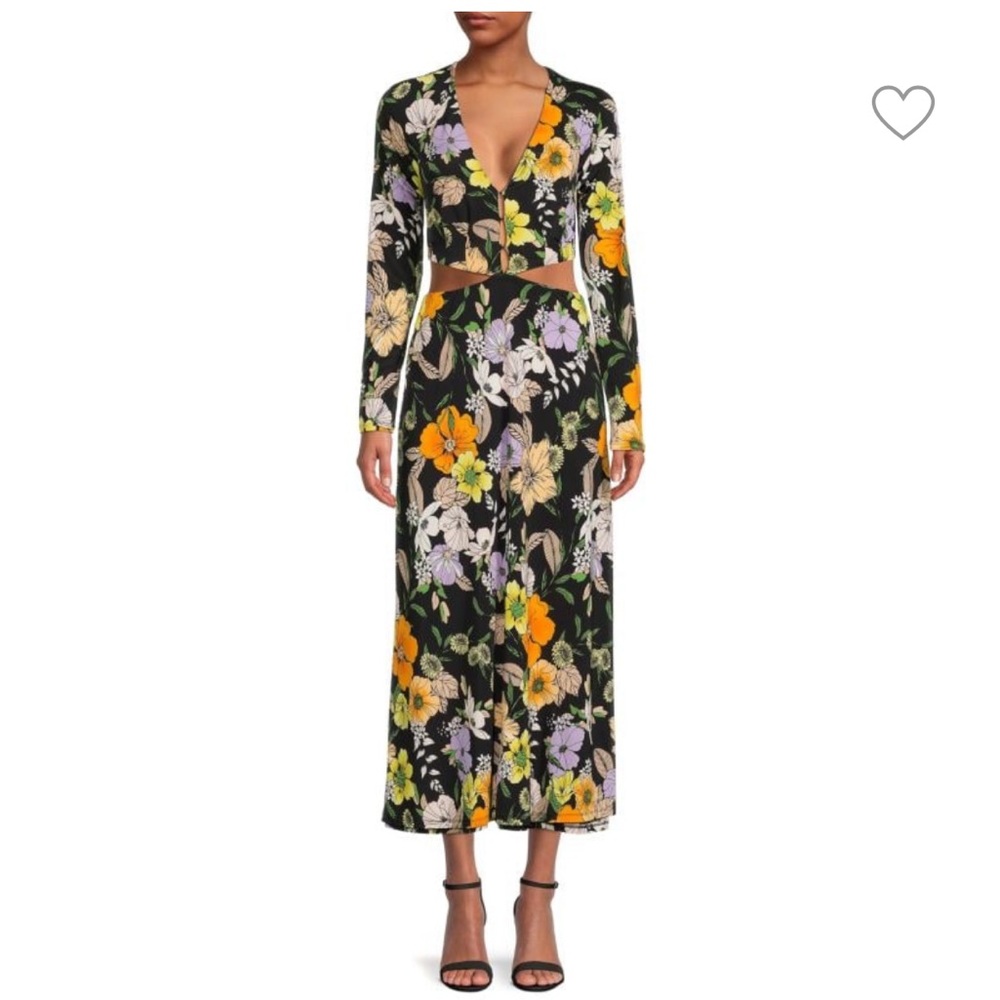 AFRM Assi Deep V Neck Side CutOut Midi Knit Dress Noir Vintage Floral XS